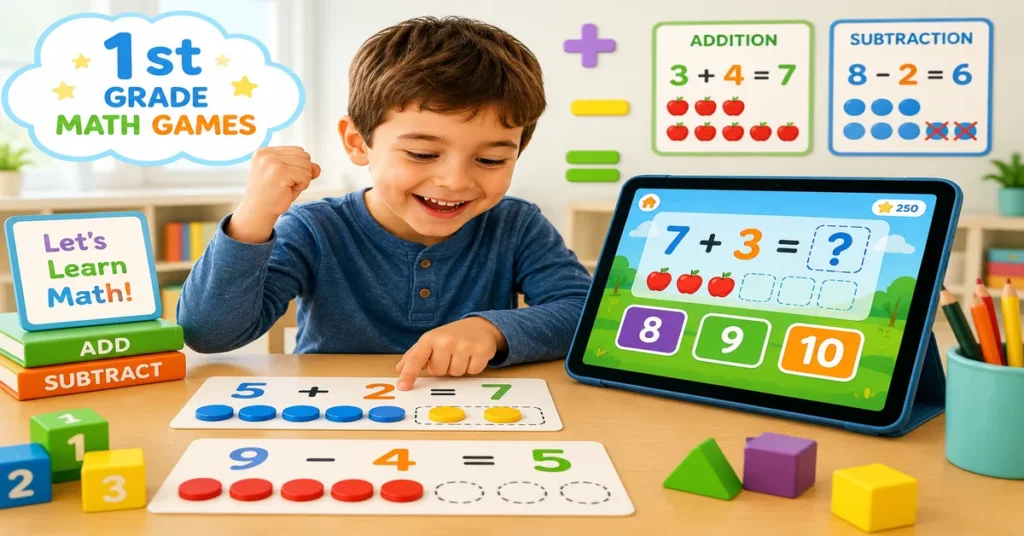 Happy first grade student solving addition and subtraction problems with interactive math games, colorful blocks, and educational learning activities.