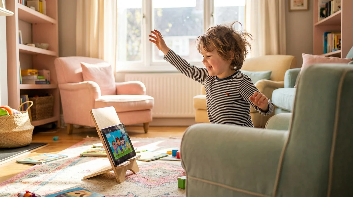 Child enjoying active screen time, moving while playing a learning game on a tablet