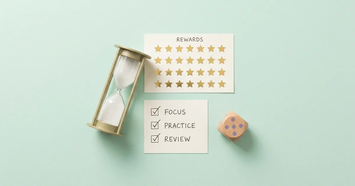 Tips for better learning activities: sand timer, gold star stickers and a checklist card with checkmarks.