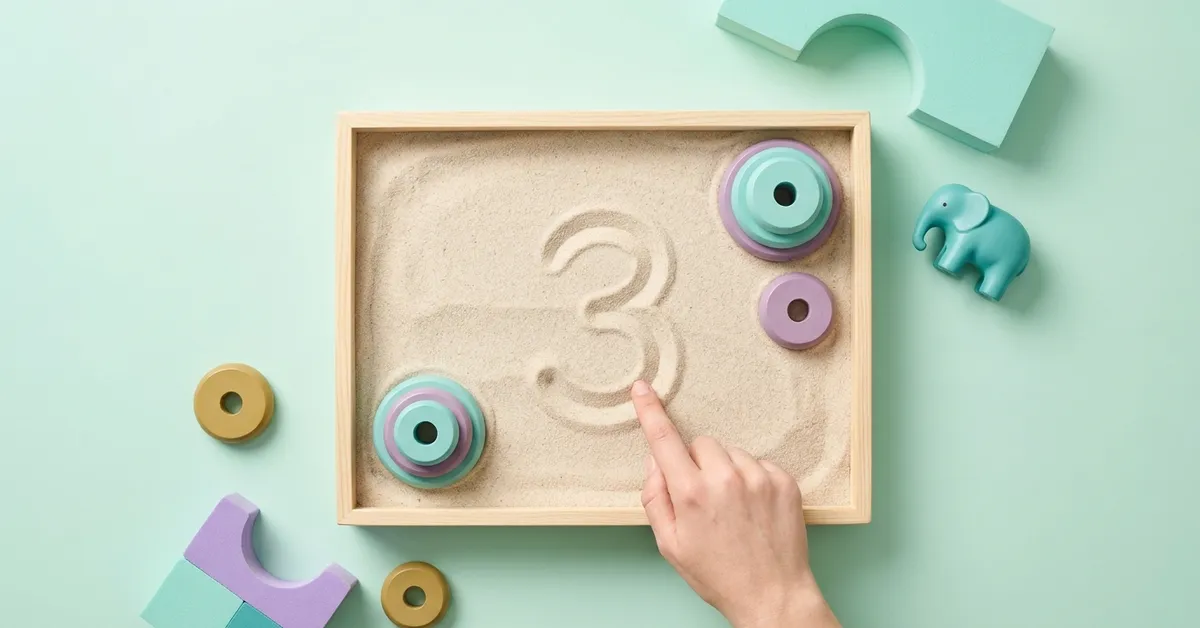 Sensory play for ages 3 to 5: a sand tray with the number 3 traced by a small finger, stacking rings and foam blocks.