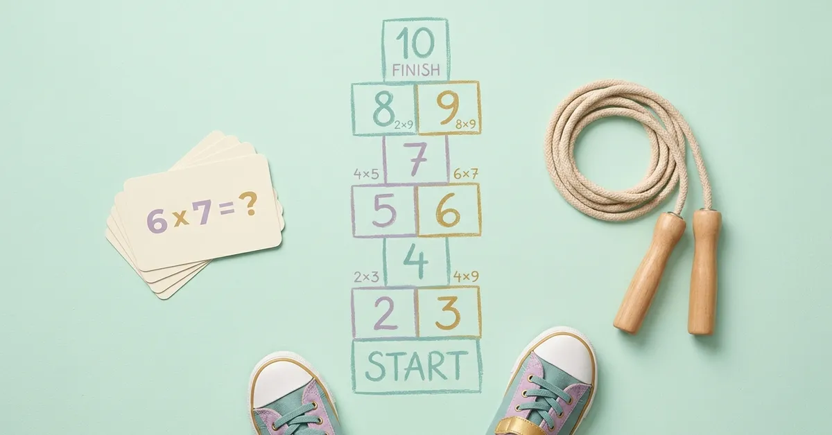 Active learning for ages 7 to 10: multiplication hopscotch grid, jump rope and math flashcards.
