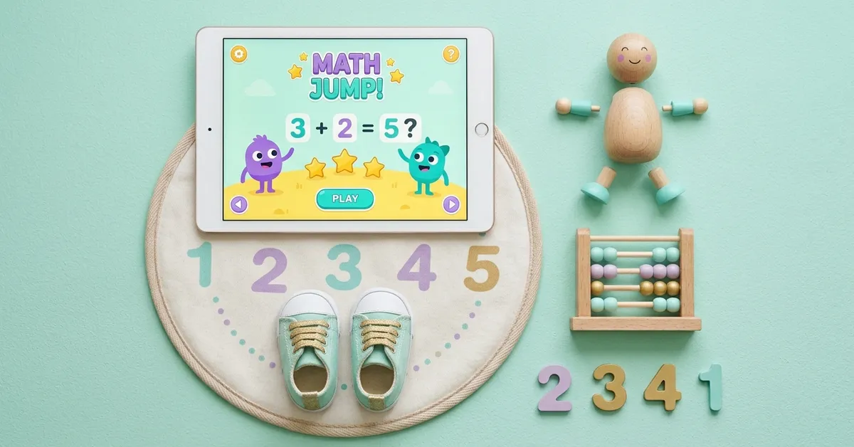 Learning by moving with an app: tablet showing a kids math game with a number play mat and tiny sneakers in front.