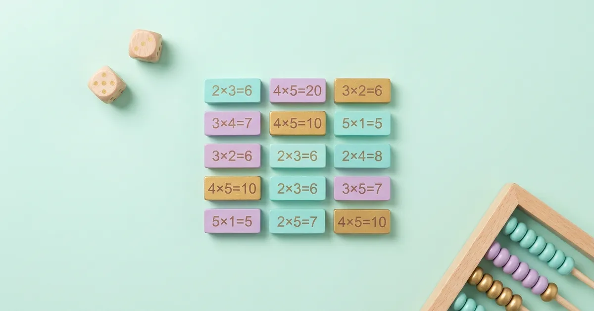 Çarpım tablosu pratiği: 2x3 ve 4x5 gibi çarpımlar yazan pastel ahşap taşlar, zarlar ve abaküs.