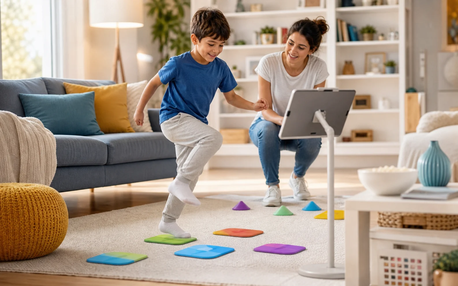 Child practicing active math at home with a parent nearby