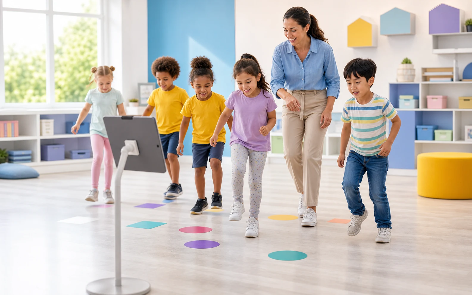 Children doing active camera-motion math in a classroom