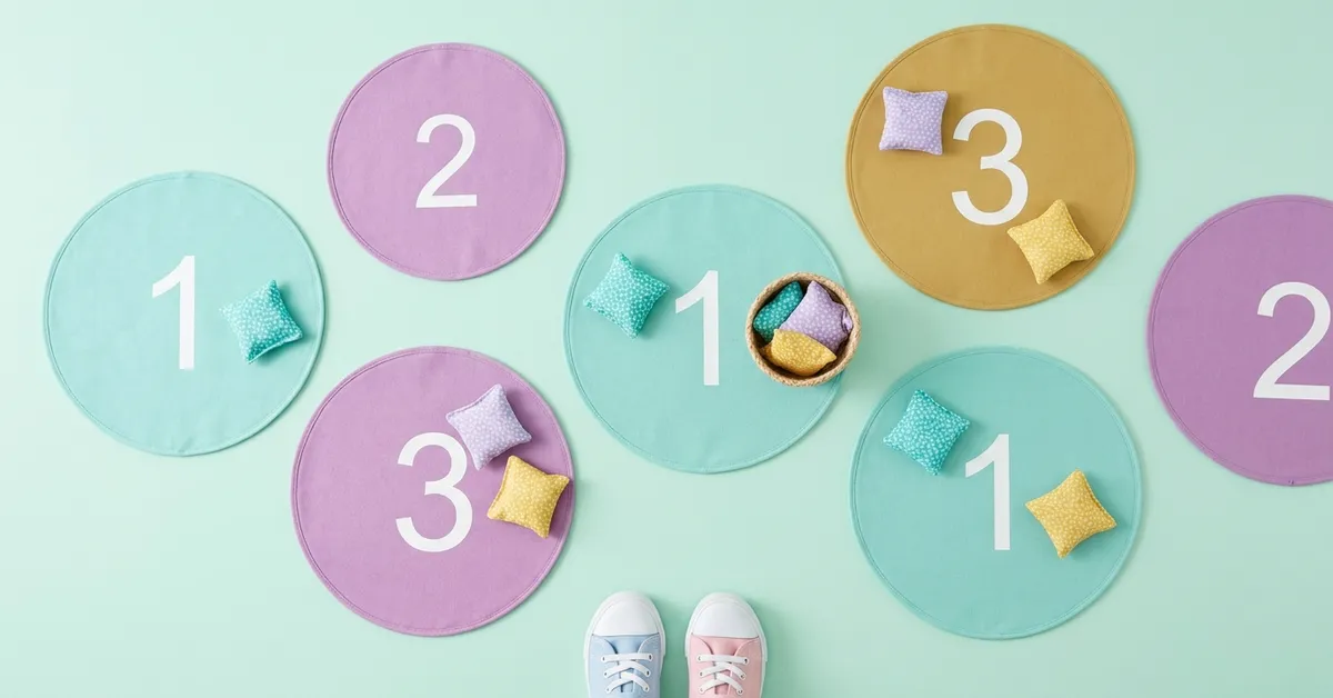 Classroom floor activity: bean bags tossed onto large pastel number circles.
