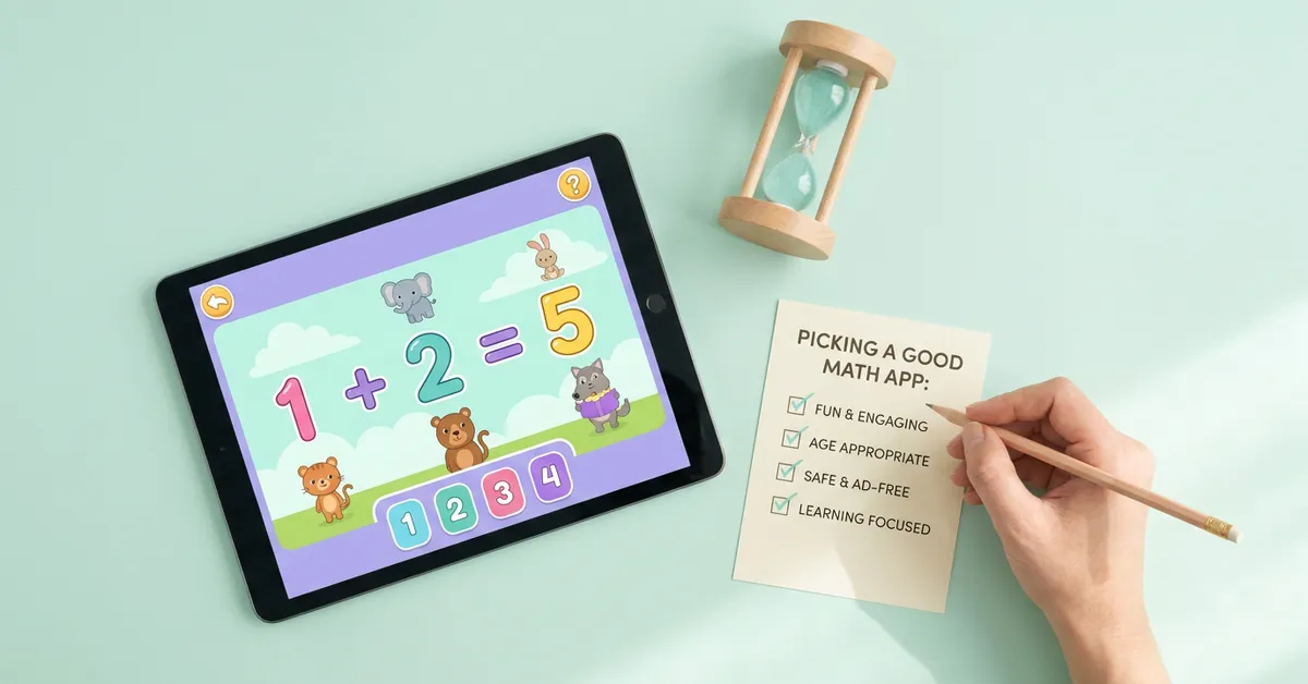 İyi bir çocuk matematik uygulaması seçimi: oyunlu tablet, kum saati ve kontrol listesi dolduran veli eli.