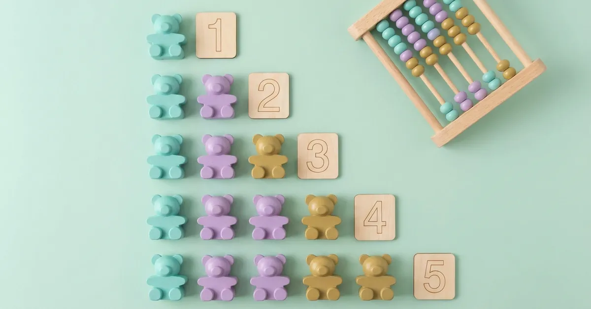 Counting and number sense activity: rows of wooden counting bears matched to number cards 1 to 5 with an abacus.