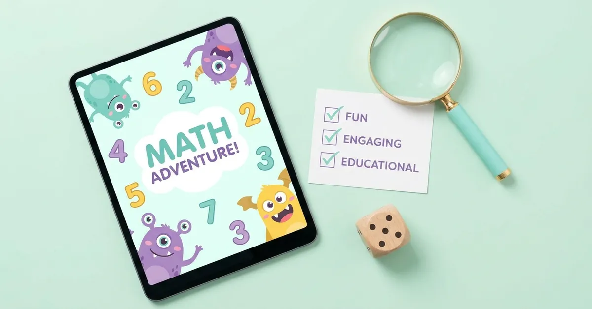 Dijital matematik oyunu seçimi: çocuk matematik oyunu açık tablet, onay listesi kartı ve büyüteç.