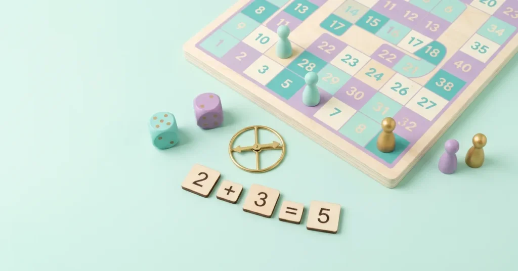 Pastel ahşap matematik oyun tahtası, zarlar, altın topaç ve 2+3=5 sayı taşları ile çocuklar için eğlenceli matematik oyunları.