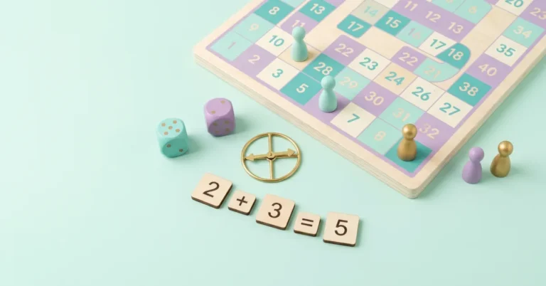 Pastel ahşap matematik oyun tahtası, zarlar, altın topaç ve 2+3=5 sayı taşları ile çocuklar için eğlenceli matematik oyunları.