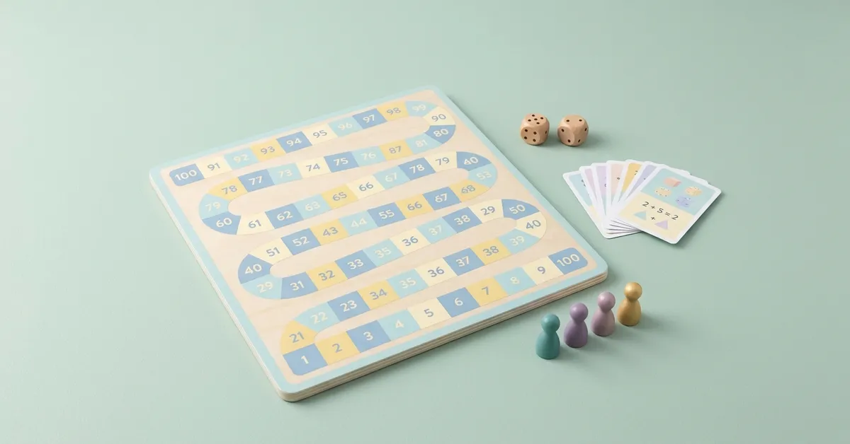 Ekransız eğlenceli matematik oyunları: sayılı yolu olan ahşap oyun tahtası, zarlar, kartlar ve piyonlar.