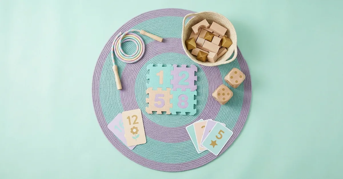 Home learning corner with a number floor mat, jump rope, basket of blocks, dice and flashcards.
