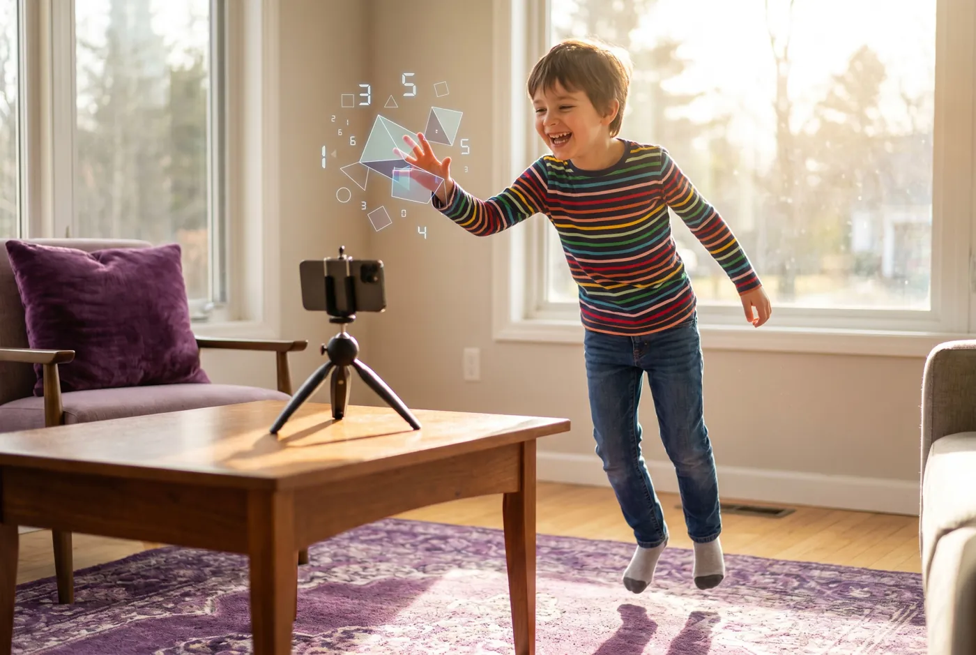Child jumping toward a phone on a tripod as Hoppy Math turns movement into math