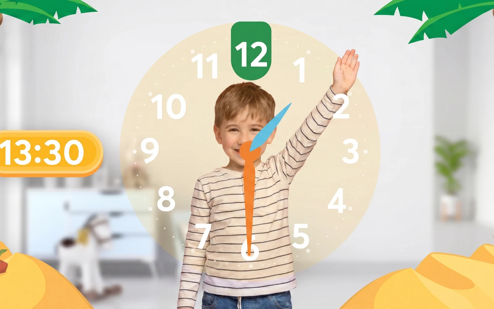 Hoppy Math clock game — a child forms the clock hands with their body to show 13:30
