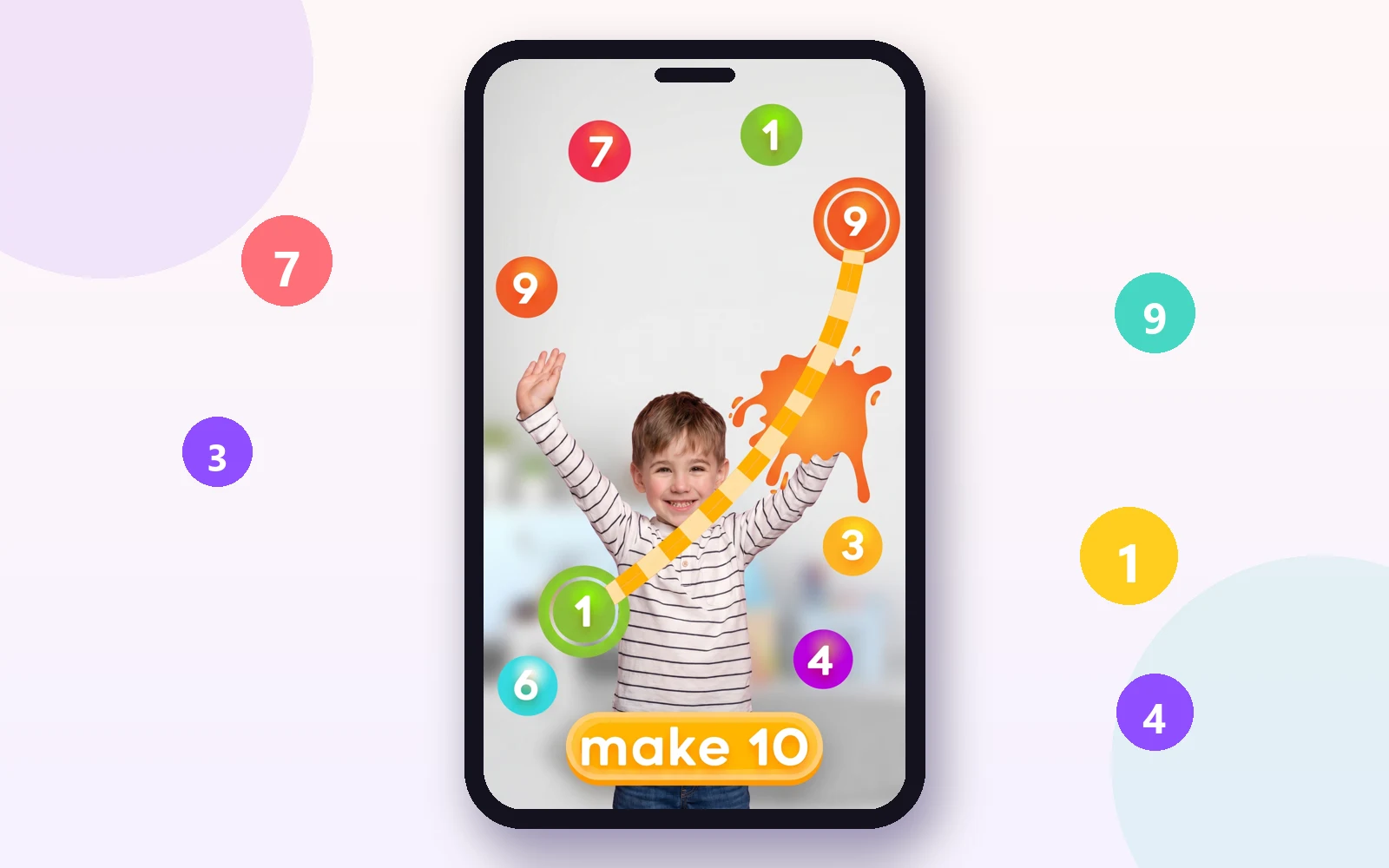 Hoppy Math “make 10” gameplay on a phone, a child solving by reaching and moving