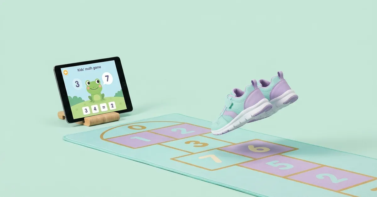 Hareketle öğrenme: kurbağa karakterli matematik oyunu açık tablet, önünde sayı zıplama matı ve zıplayan ayakkabılar.