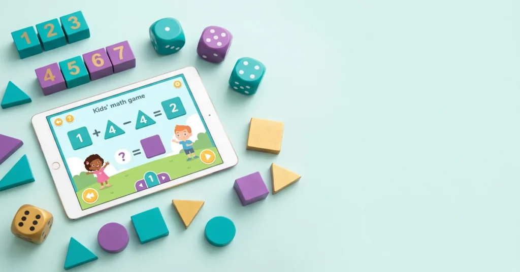 Tablet displaying an interactive kids math game surrounded by colorful numbers, shapes, and dice, promoting early math learning and educational play through ActiveMinds.