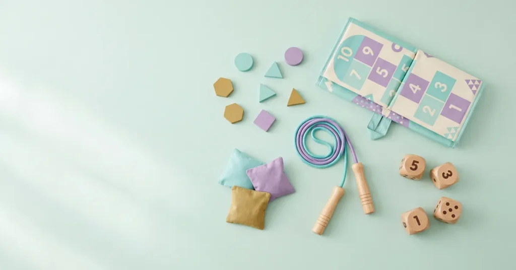 Hopscotch number mat, fabric bean bags, jump rope and wooden dice on a mint background, props for fun kinesthetic learning activities for kids.