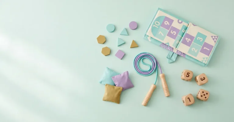 Hopscotch number mat, fabric bean bags, jump rope and wooden dice on a mint background, props for fun kinesthetic learning activities for kids.
