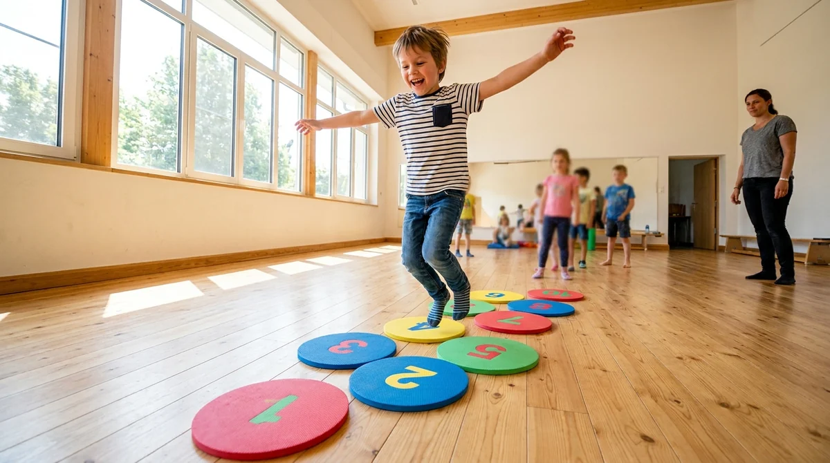 Child doing a kinesthetic learning activity by jumping across numbered floor discs