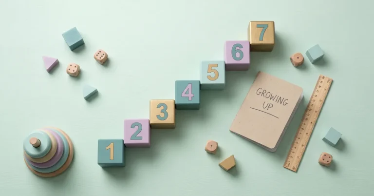 Pastel wooden number blocks 1 to 7 arranged as ascending stairs with baby stacking rings, notebook and ruler on a mint background, representing kinesthetic learning for kids at every age.