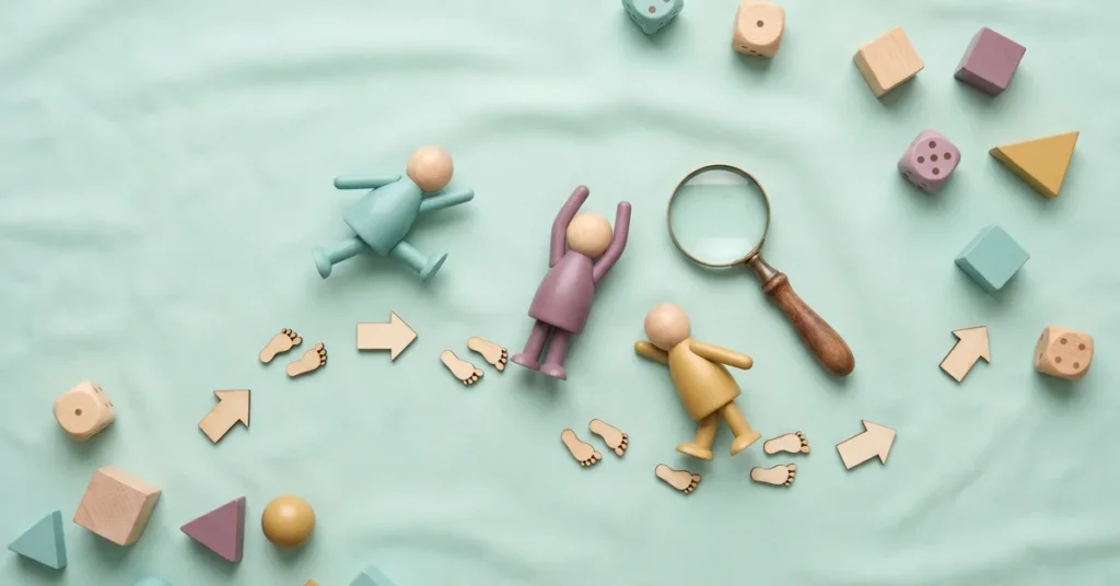 Wooden peg-doll figures jumping along arrow and footprint tiles beside a magnifying glass, symbolizing how to recognize the kinesthetic learning style.