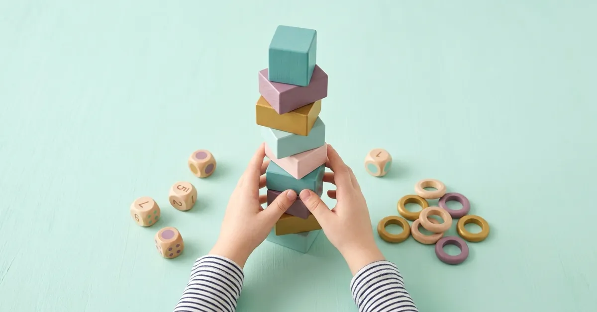 Kinesthetic learning in real life: a child's hands balancing a tall tower of pastel wooden blocks.