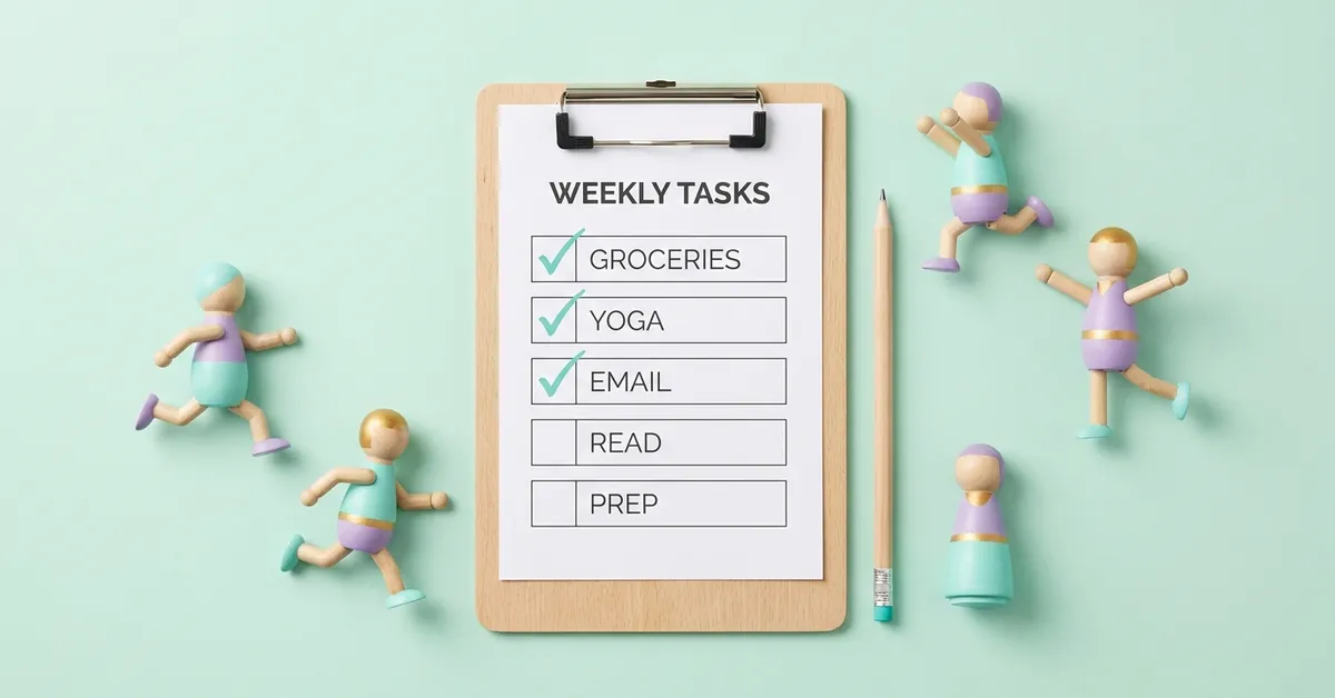 Checklist clipboard with ticked boxes and wooden peg dolls in motion poses, for recognizing a kinesthetic learner.