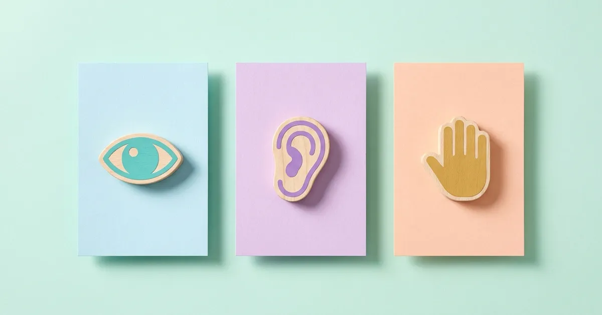 Three learning styles compared as wooden icons: a teal eye for visual, a purple ear for auditory and a gold hand for kinesthetic.