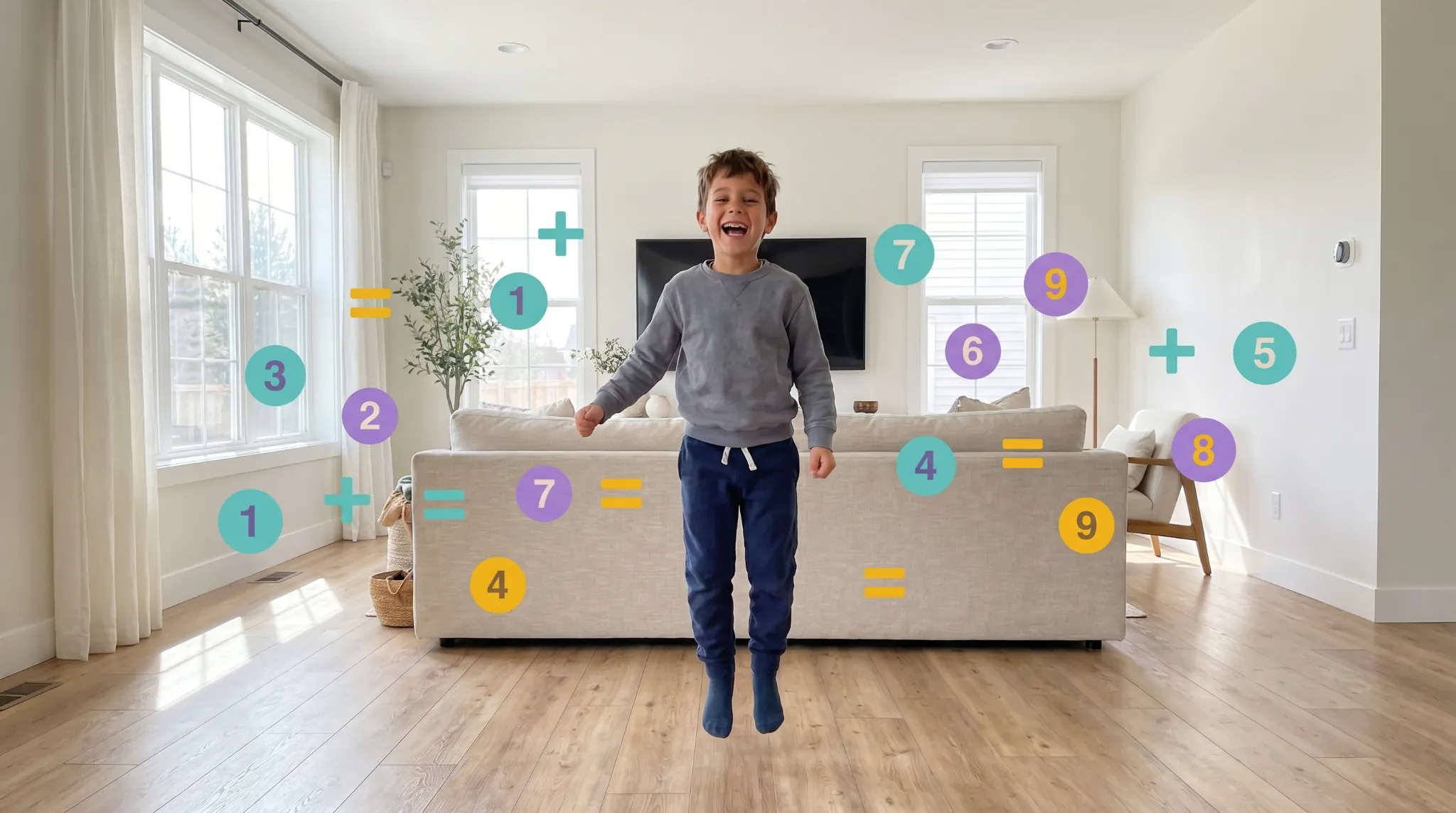 Child jumping at home surrounded by floating numbers and math symbols in Hoppy Math
