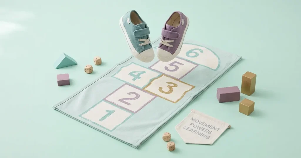Child's sneakers mid-jump over a pastel hopscotch number mat, showing how movement powers kids' learning.