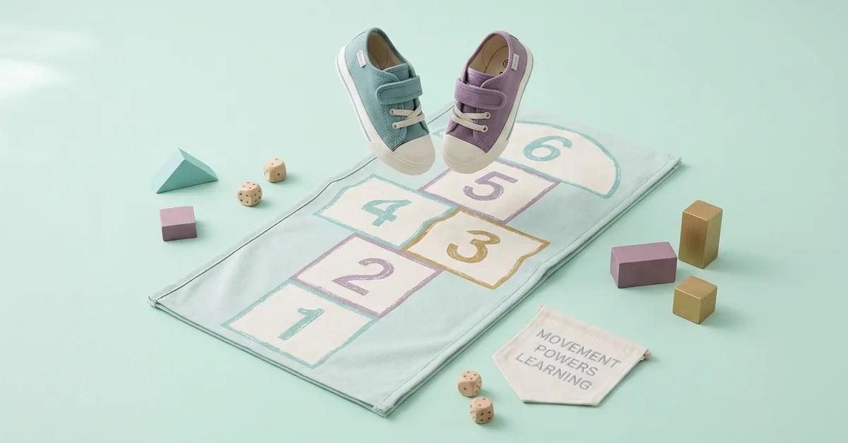 Child's sneakers mid-jump over a pastel hopscotch number mat, showing how movement powers kids' learning.