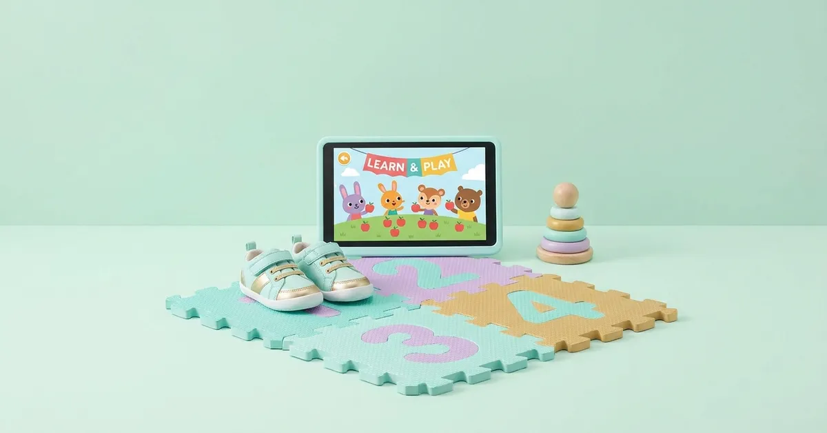 Hareketle öğrenen okul öncesi çocuklar için dijital seçenek: sayma oyunu açık tablet, minik ayakkabılar ve sayı matı.