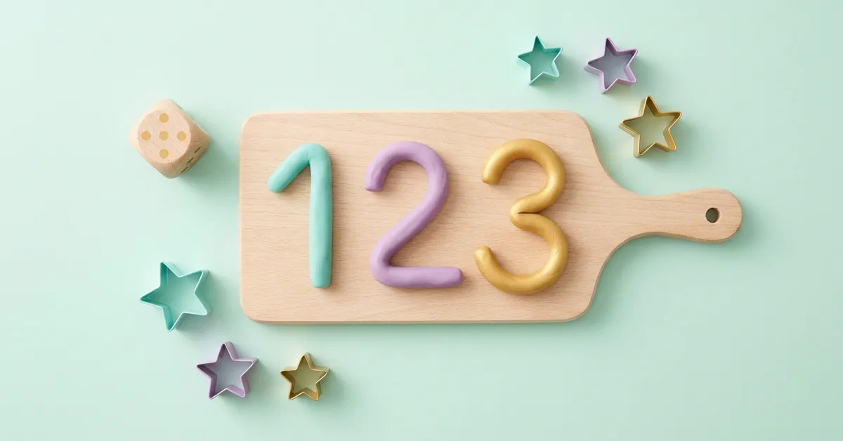 Oyunla matematik: ahşap tahta üzerinde oyun hamurundan yapılmış 1 2 3 sayıları ve yıldız kalıpları.