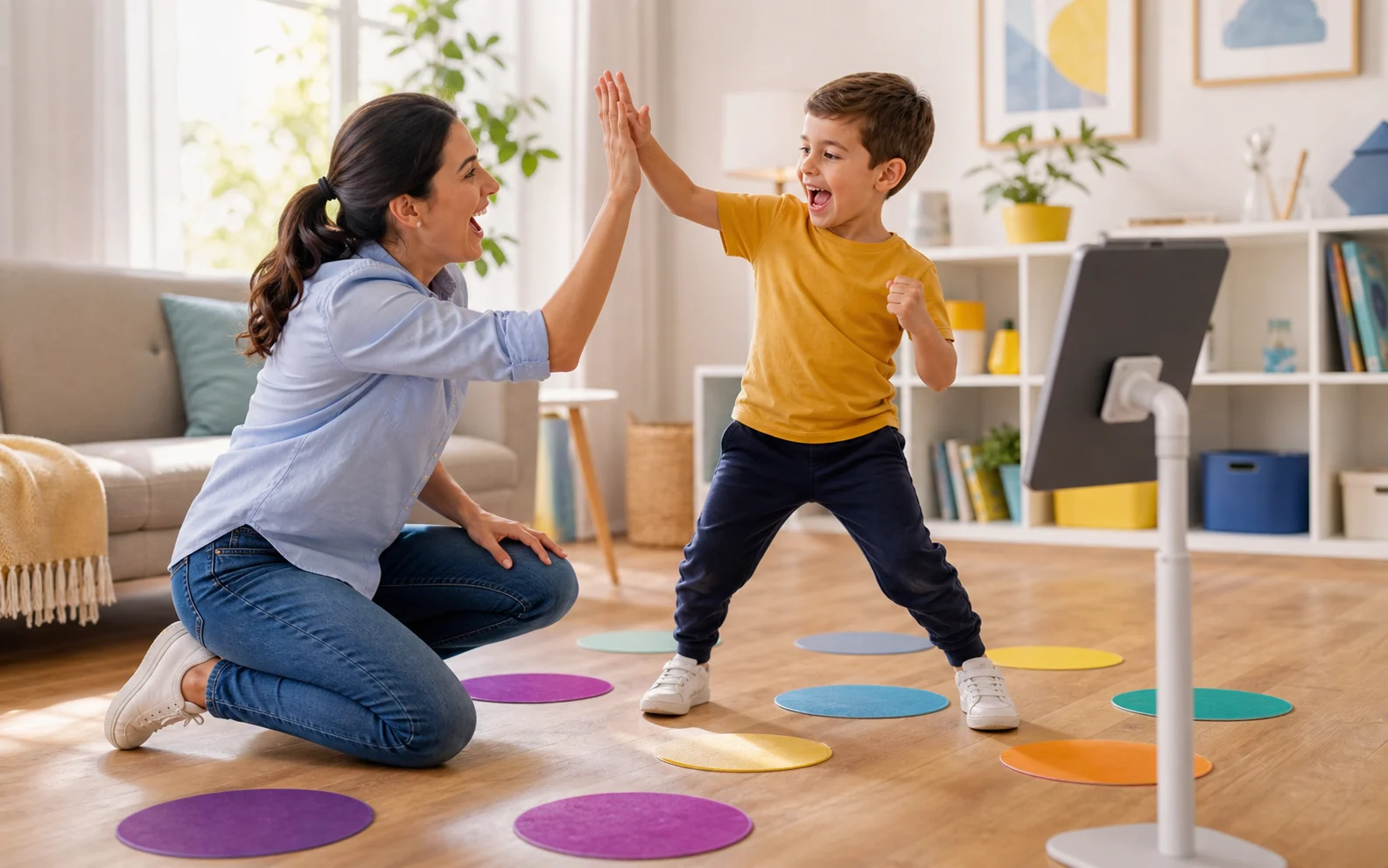 Parent and child celebrating after an active math session at home