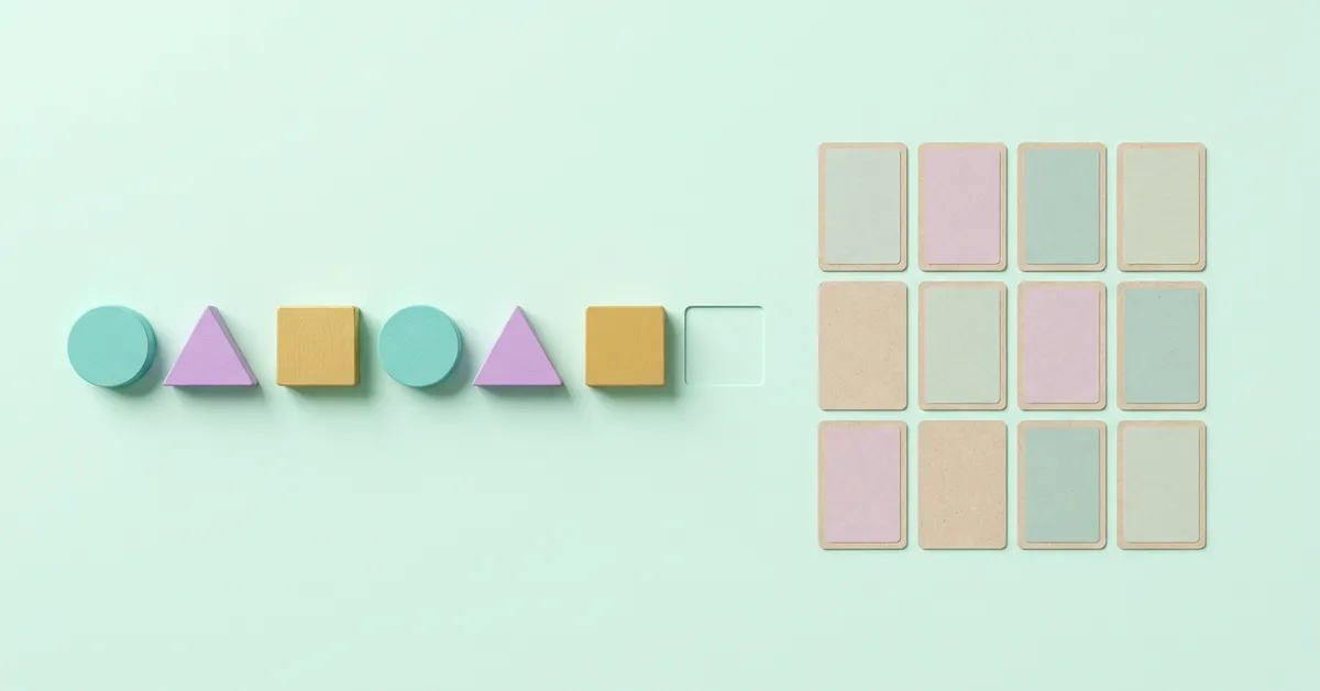 Pattern, logic and memory games: repeating wooden shape pattern with an empty slot and face-down memory cards.