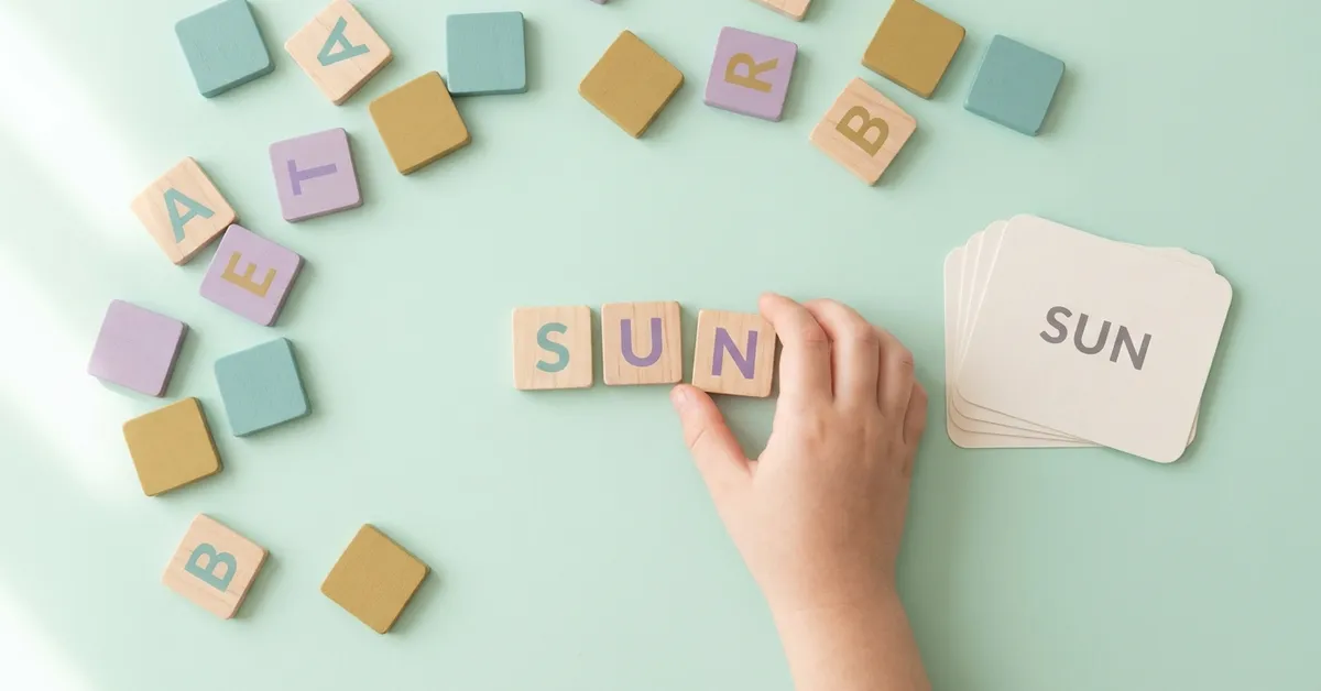 Reading and spelling activity: a child's hand placing the last letter tile to spell SUN.