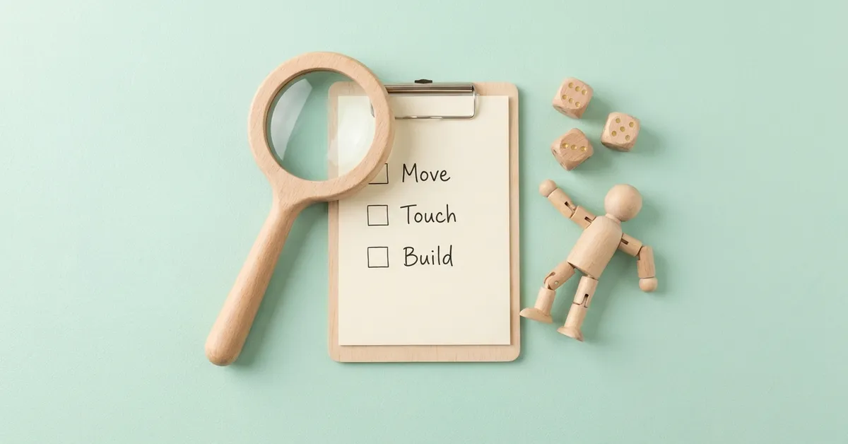 Spotting a kinesthetic learner: magnifying glass over a checklist clipboard with a wooden peg doll.