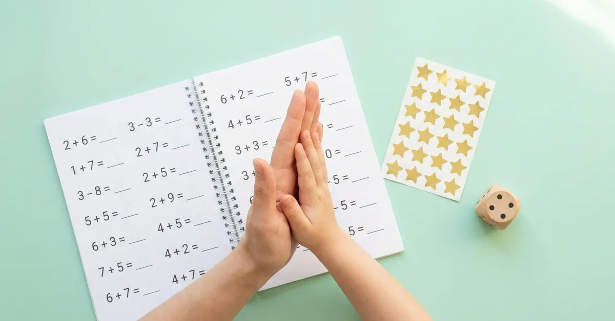 Supporting a young learner: adult and child hands high-fiving above an open workbook with star stickers.