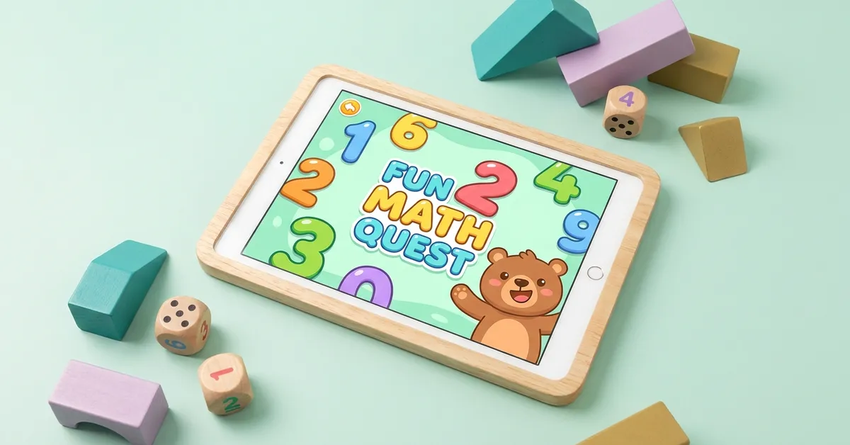 Tablette eğlenceli matematik: neşeli çocuk matematik oyunu gösteren tablet, çevresinde ahşap zarlar ve bloklar.