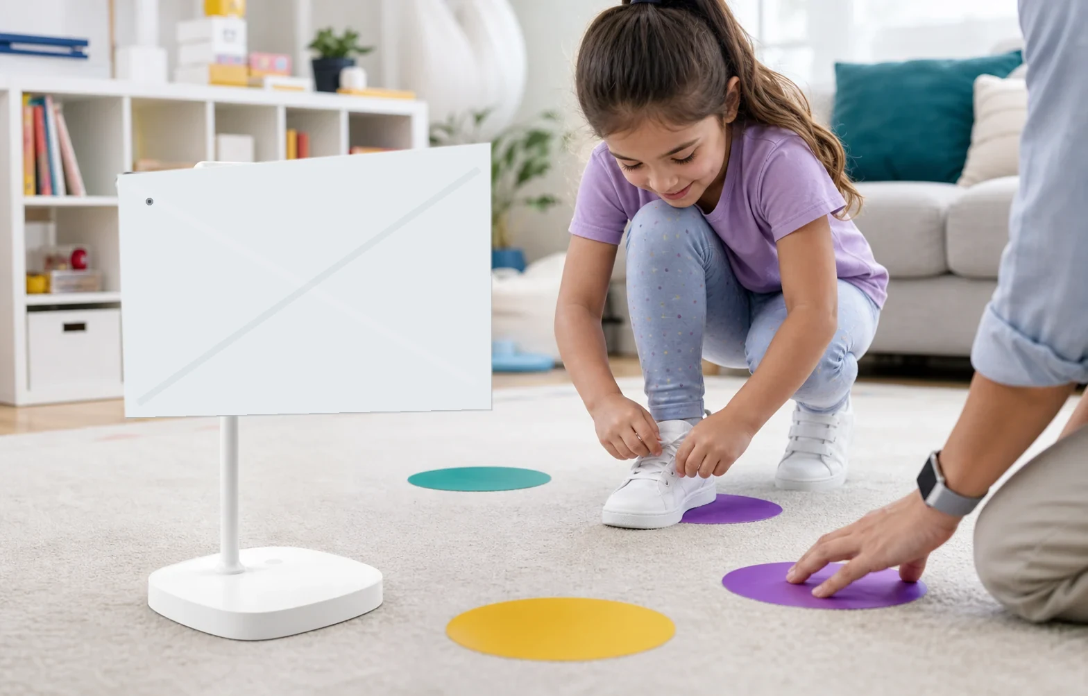 Tablet stand and simple floor markers prepared for active math at home