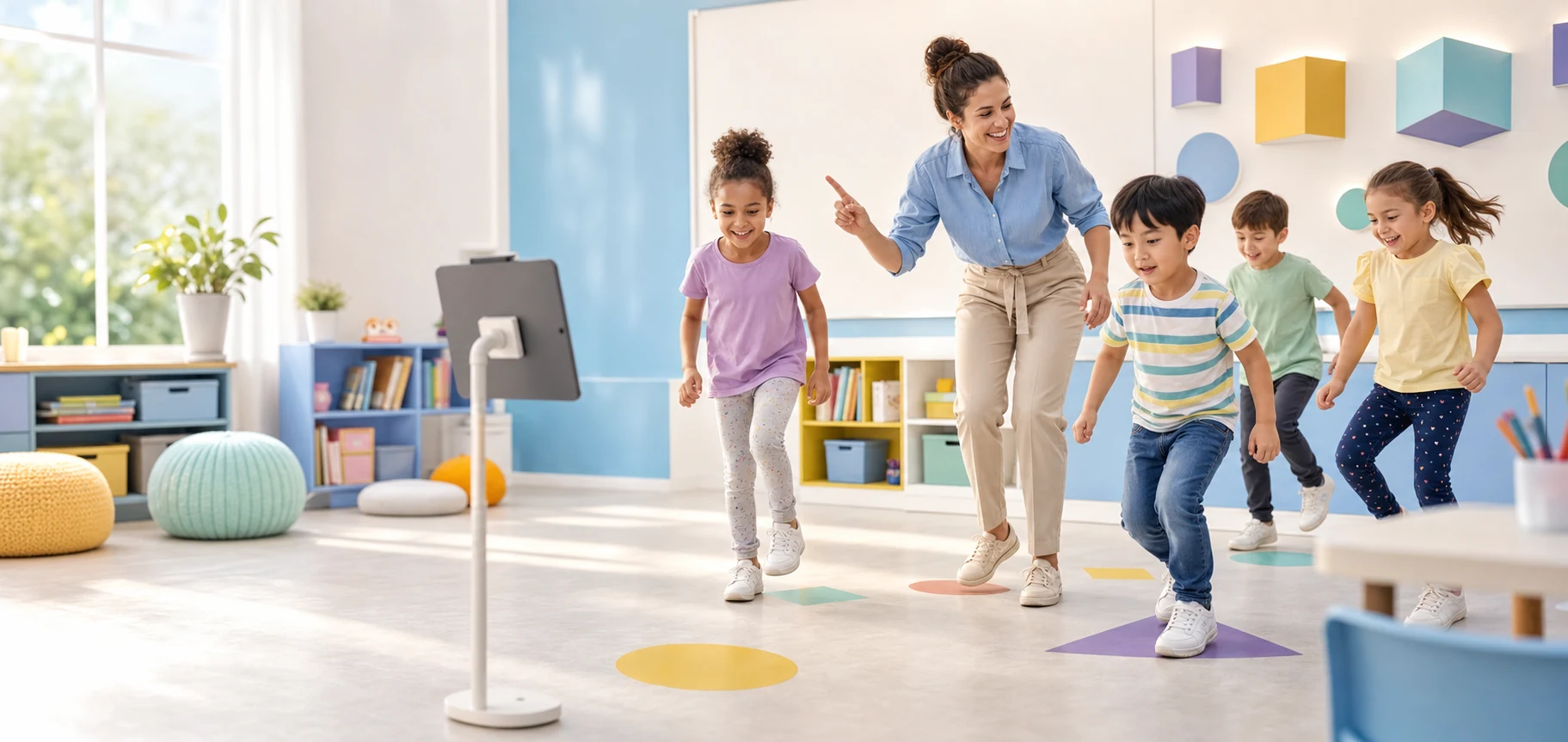 Teacher guiding children through active math practice in a bright classroom