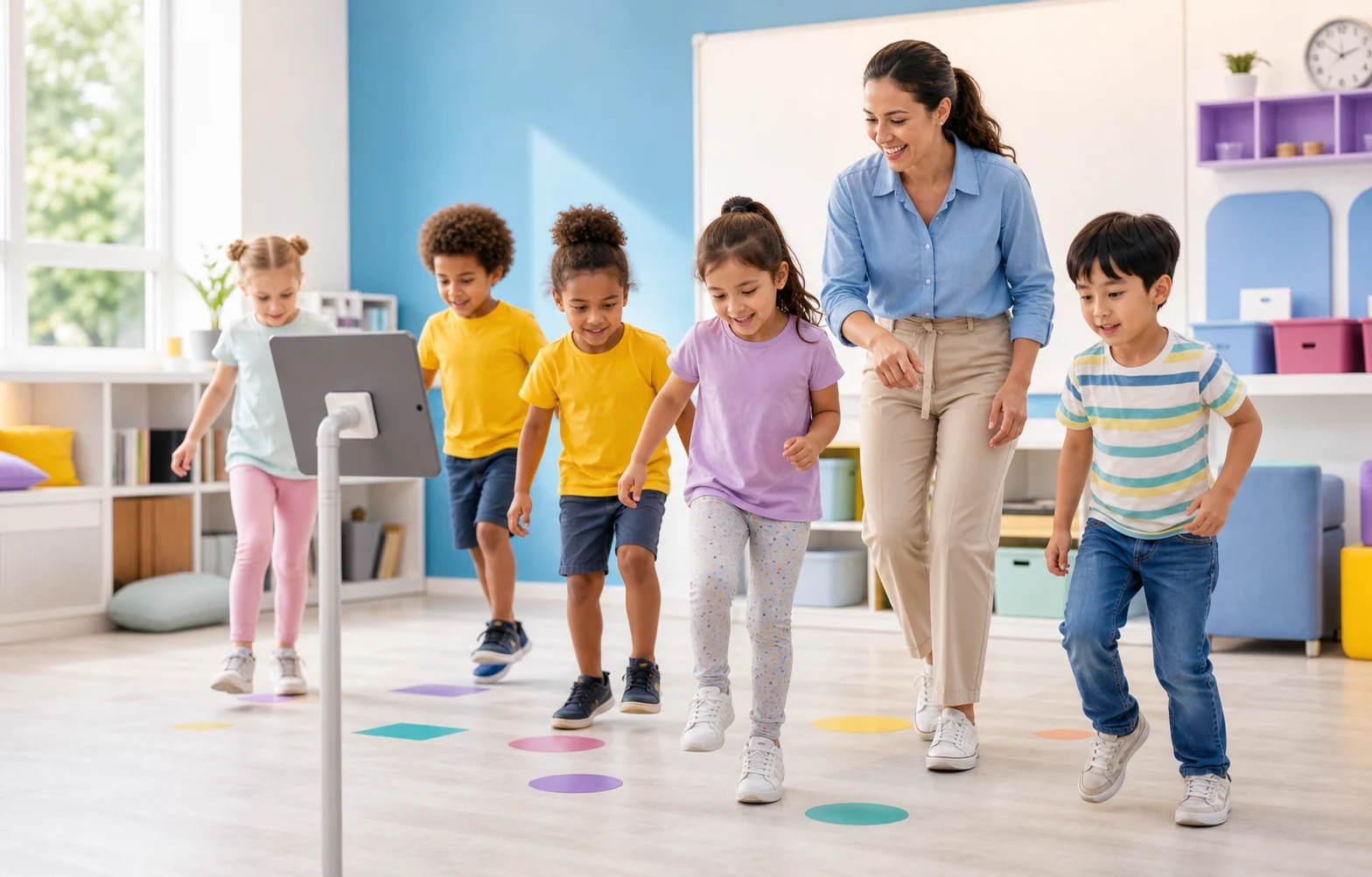 Teacher guiding children through an active math station with a tablet stand