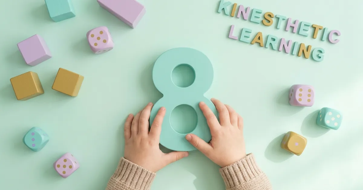 What kinesthetic learning is: child hands tracing a large pastel wooden number 8.