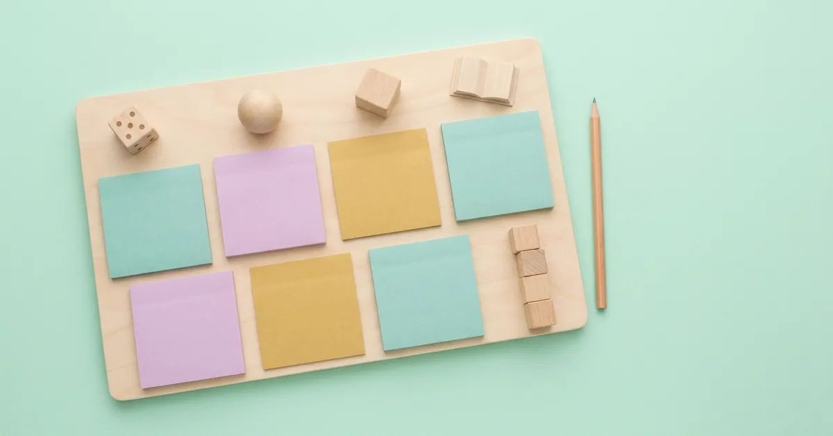 Weekly family activity planner with pastel sticky notes and small wooden toy icons for each day.