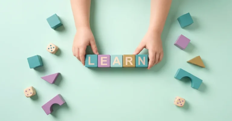 Child's hands stacking pastel wooden blocks spelling LEARN, surrounded by dice and geometric shapes, illustrating what kinesthetic learning is.