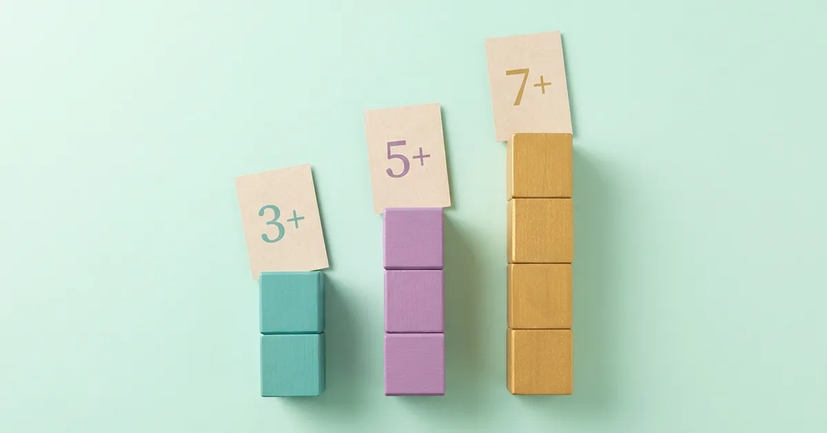 Yaşa göre matematik oyunları: 3, 5 ve 7 yaş kartlarıyla küçükten büyüğe üç blok kulesi.