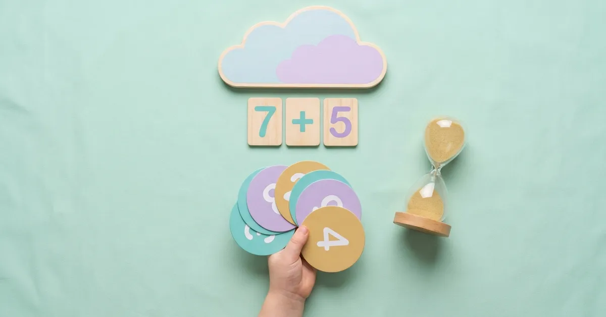 Zihinden matematik oyunları: çocuk elinde sayı kartları, 7+5 ahşap taşları ve kum saati.